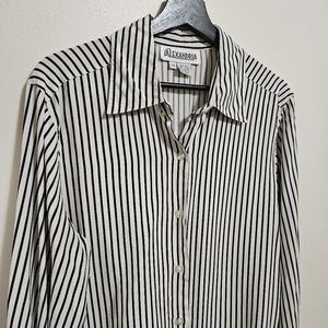 Vintage 100% Silk Black and White Stripe Button Down Blouse